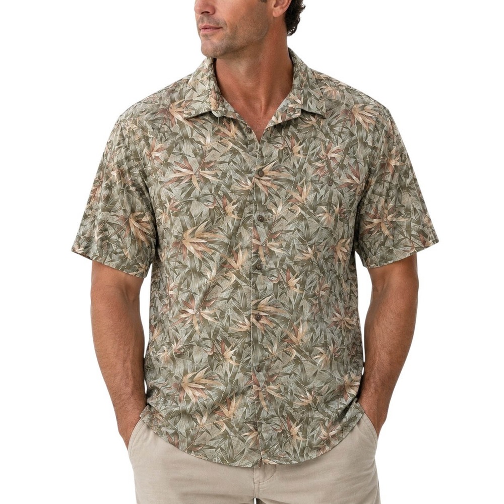 Island Shores Mens XXL Green Tropical Bamboo Leaf Print Cotton Button Down Shirt